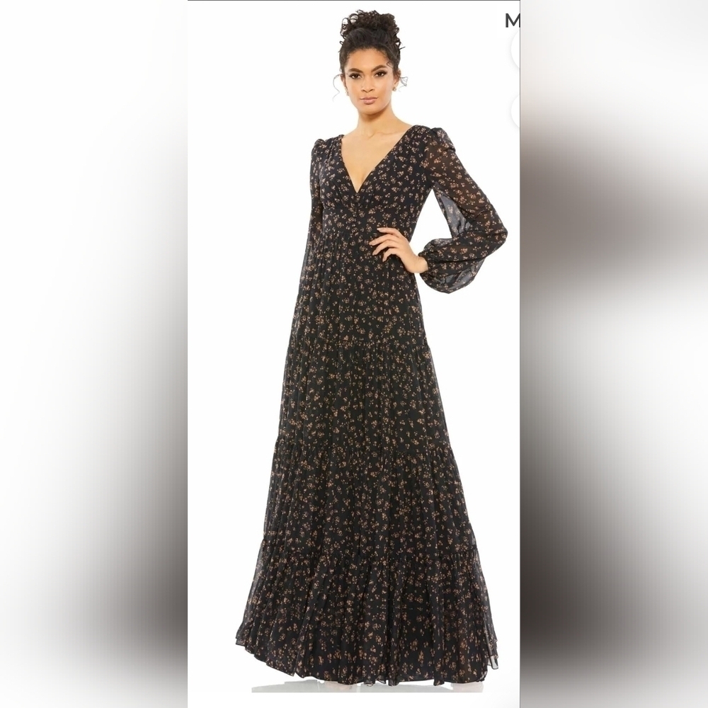 Ieena for Mac Duggal, Peasant Skirt Floral Dress, Black/Brown, MSRP $398